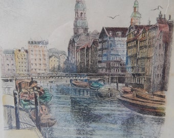 Lovely Vintage Framed Original European Watercolor, Signed by Artist, Circa 1950s - Germany