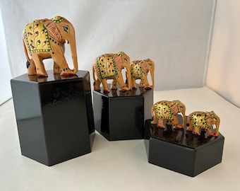 Set of Five Vintage Wood Elephants, Hand carved and Hand-painted, Each Unique
