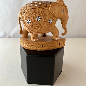 Vintage Intricate Elephant Wood Carving with Beading and Inlays from India