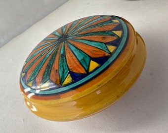 Vintage Deruta Italian Ceramic Hand Painted Box with Geometric Design, Signed, Fidia