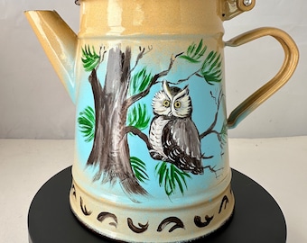 Cheerful Vintage Handpainted Enamel, Enamelware Coffee Pot with Owl, Transferware Roses