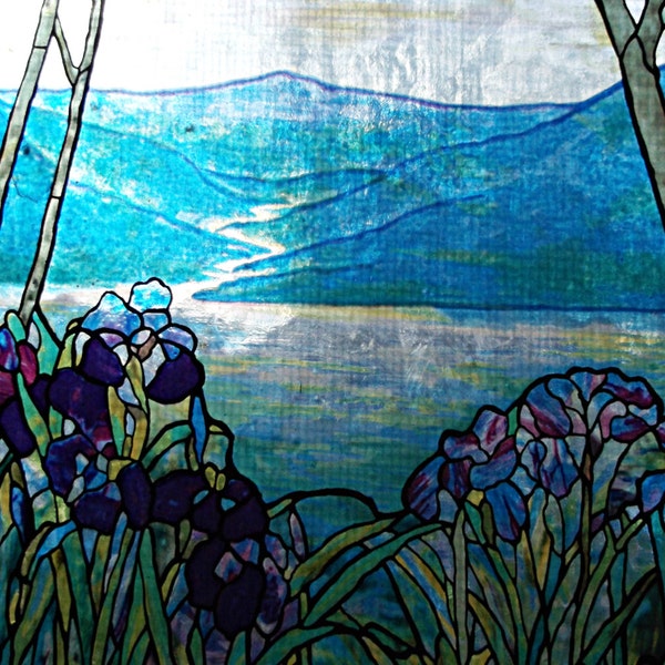 Tiffany Repro Stained Glass  anondized metal framed panel "Magnolia and Irises" in elegent blue riverview design motif now Half Price