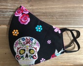 SUGAR SKULL GLITTER Pink Reversible 100 Premium Cotton Face Mask Elastic