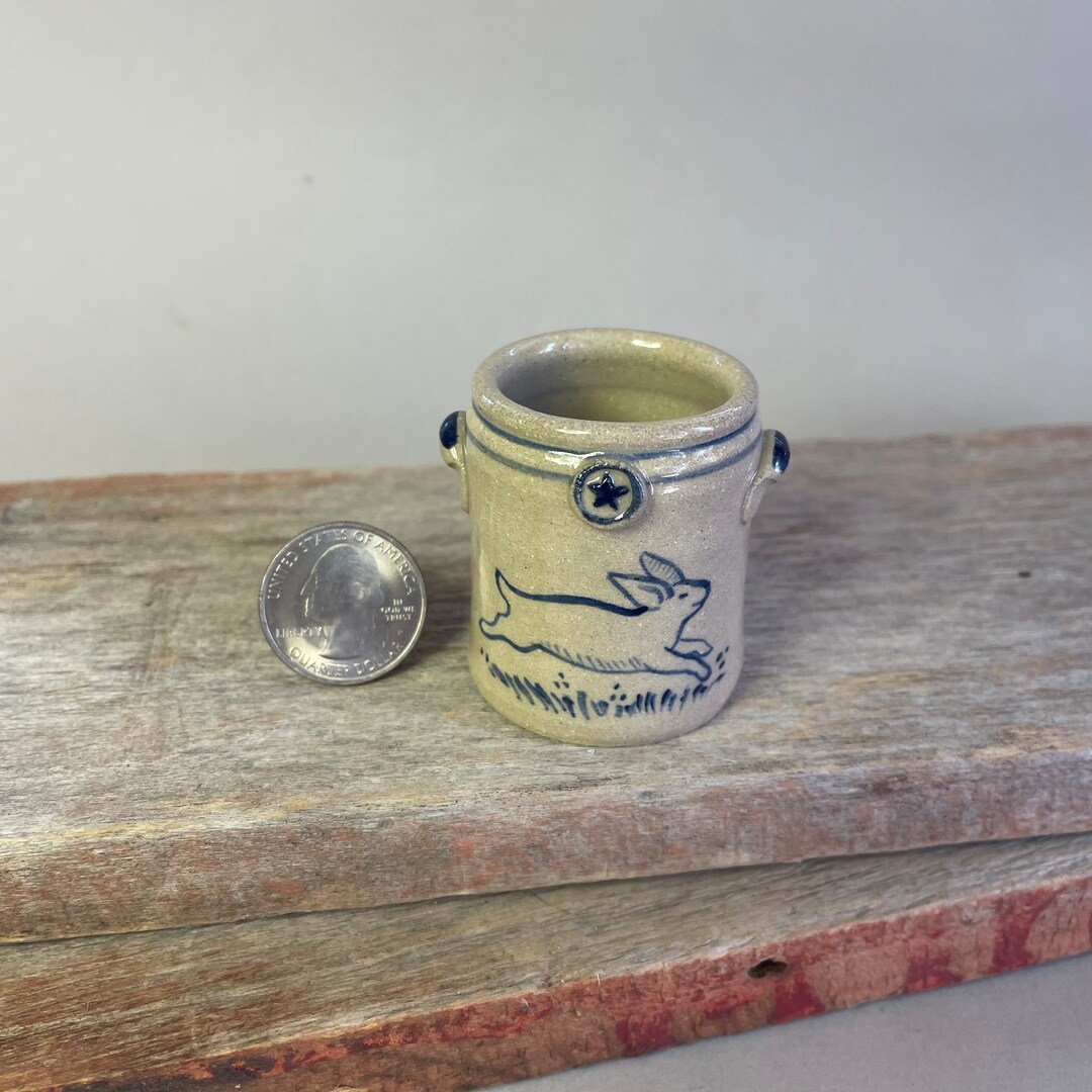Handmade, Miniature Antique Replica Stoneware Pottery Crock-cobalt Blue ...
