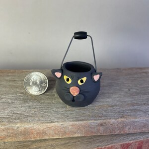 NEW**Miniature Handmade Stoneware pottery Halloween Cat Lantern, figurine, jack o lantern, witchy decor