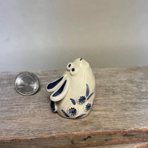 Handcrafted Miniature stoneware ceramic pottery rabbit/bunny with flower stamps.