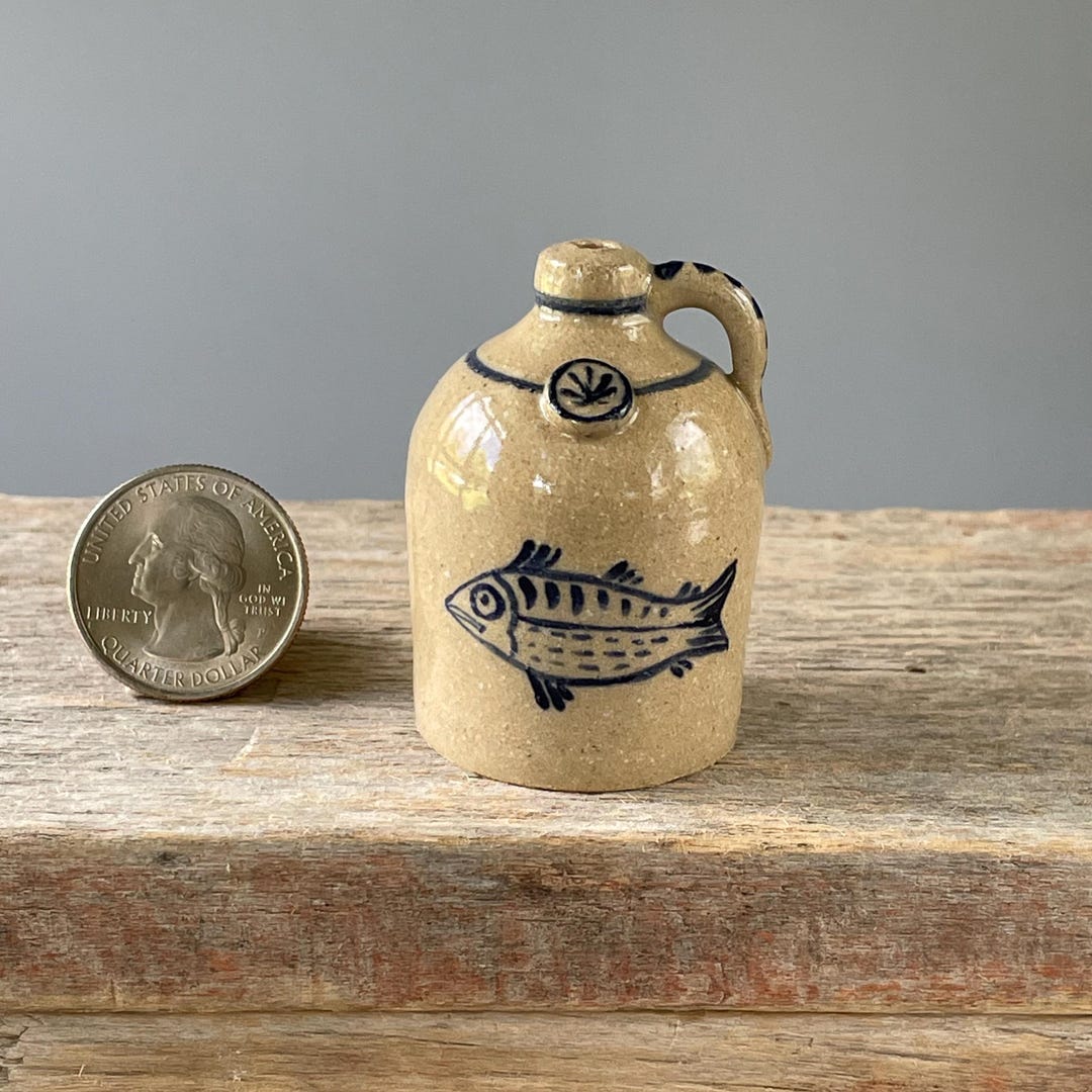 Handmade, Miniature Antique Replica Stoneware Pottery Jug Crock-cobalt ...