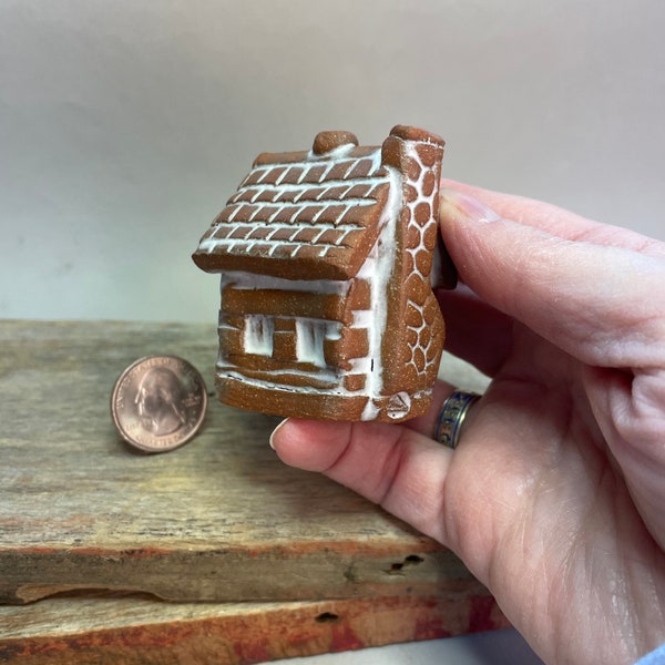 Miniature Primitive Log Cabin bottle, jug, crock in Brooklyn Red  stoneware with white glaze accents