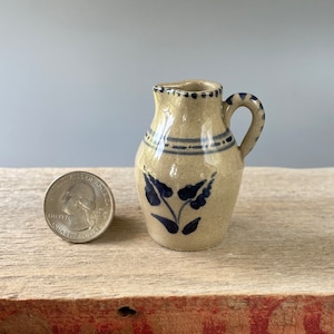 Miniature stoneware pitcher, Early American, Primitive stylized cobalt floral design on grey stoneware clay