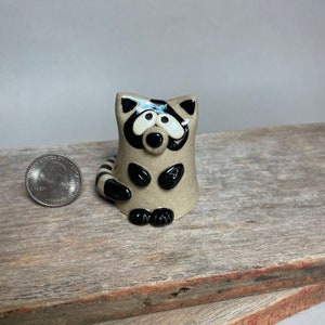 Miniature, handmade, wheel thrown ceramic pottery stoneware raccoon figurine