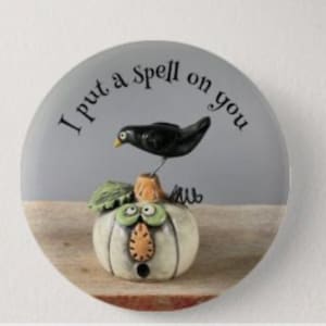 I put a spell on you- button pin with stoneware pottery ceramic scarecrow pumpkin and crow on top- witchy decor