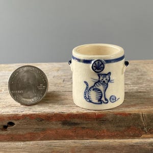 Handmade, Miniature antique replica Stoneware Delft Pottery crock/jug-cobalt blue cat with lug handles on white clay