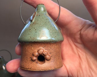 Handmade, Miniature Glazed Stoneware Pottery fairy house bird house crock with handle