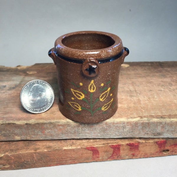 Miniature slipware crock, Early American, Primitive stylized tulips on frosted chocolate brown clay