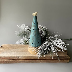 Handmade pottery 7 1/2&quot; Christmas Jingle Tree Luminary in antique blue finish with white slip trailed patterns on speckled stoneware clay