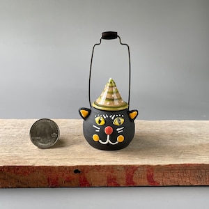 Miniature Handmade Stoneware pottery cute black Halloween Cat Lantern figurine with hat, jack o lantern, witchy decor