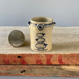 Handmade, Miniature antique replica Stoneware Pottery crock-cobalt blue sheep stack with tiny lug handles on gray clay