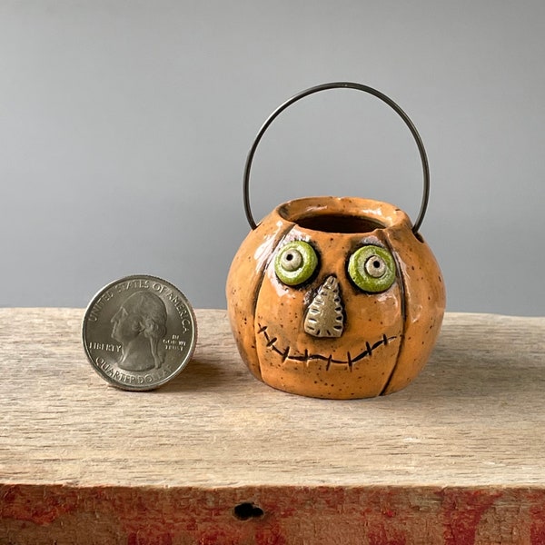 Handmade Halloween miniature wheel thrown Pottery Stoneware Scarecrow Pumpkin lantern in orange underglaze, in-Free Shipping