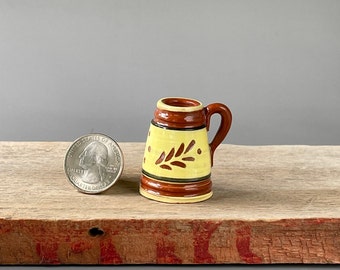 Miniature, traditional Redware Earthenware tankard with primitive slip and sgraffito decoration