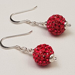 Red Dangle Sterling Silver Shamballa Bead Earrings