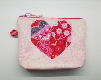 Quilted heart pouch/ makeup bag, perfect washable accessory, red and pink with roses on interior, Valentine's Day perfect gift