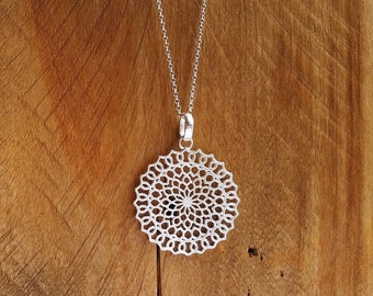 Silver Mandala Necklace, Silver Brushed Pendant, Double Sided, Large Round Silver Charm, Long Chain, Geometric Necklace, Spiritual Jewelry.