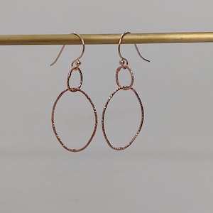 Rose Gold Dangle Earrings, Hammered Small Rings, Oval Circles, Lightweight, Simple, Contemporary, Minimalist Earring.