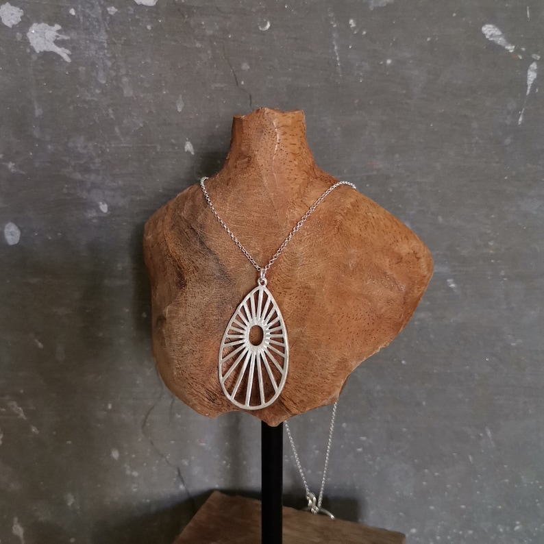 Modern Brushed Silver Pendant Artisan. Delicate Sterling Silver Necklace Sun Pendant Contemporary Simple Necklace
