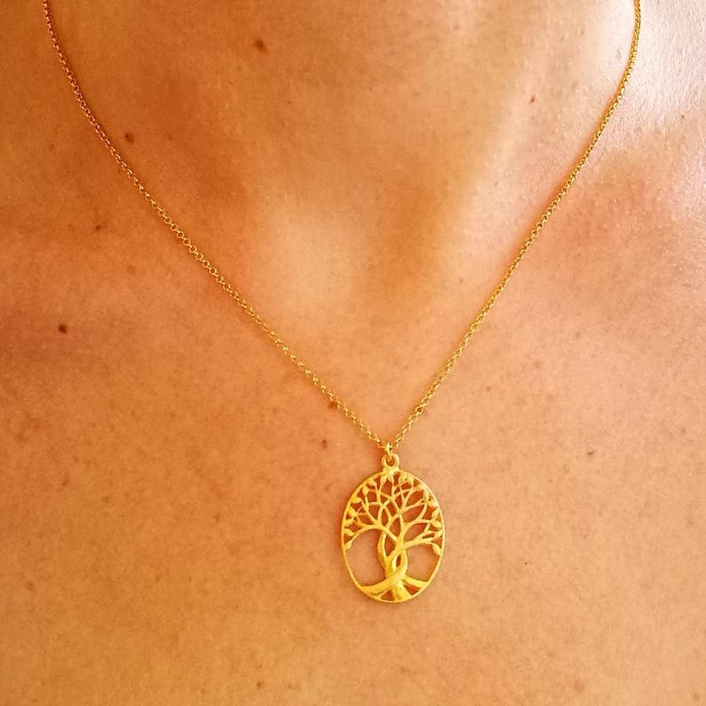 Gold Tree Necklace Oval Tree of Life Brushed Gold Gold Tree Etsy