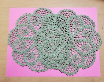 Set of 2 Sage Green Handmade Doilies, Crocheted Doilies, Doilies, 2 Doilies, Knitted Coaster