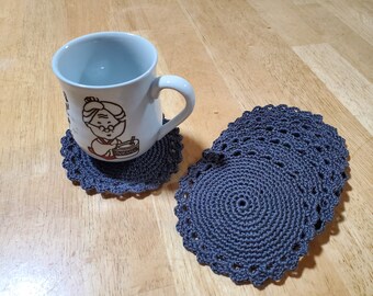 Crocheted Coaster, Smoke Black Handmade Coaster set of 6, Coaster, Crocheted Doily Coaster
