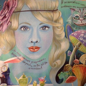Alice in Wonderland tea party food portrait wise rabbit cat mushrooms watercolor crayons on construction paper original picture framed