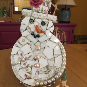 Whimsical Pique Assiette Mosaic Snowman image 1