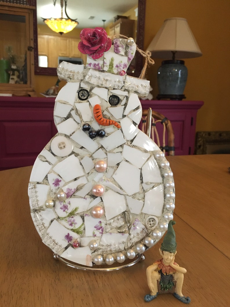 Whimsical Pique Assiette Mosaic Snowman image 1