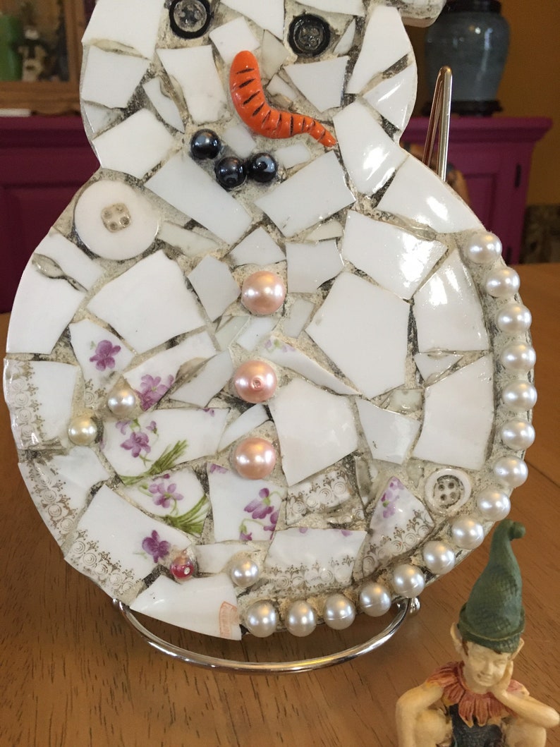 Whimsical Pique Assiette Mosaic Snowman image 4