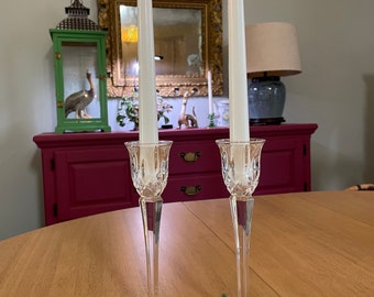 Pair of Vintage Lady Anne Design Lead Crystal Single Light Candlesticks Made in Germany, 8"