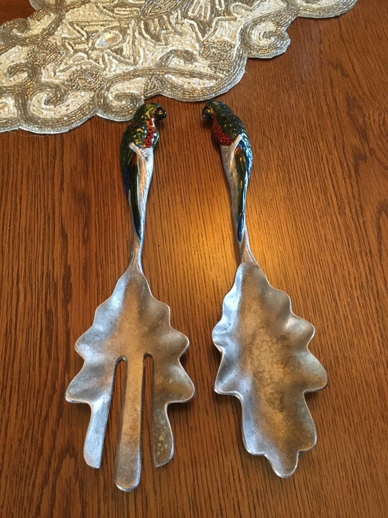 Vintage Pewter Salad Spoon and Fork Set with Parrot Handles Etsy