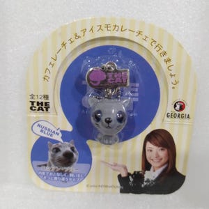 May include: A keychain featuring a gray cat with large eyes, part of "THE CAT" Artist Collection. The packaging includes Japanese text and a picture of a Russian Blue cat. The keychain is attached to a blue and yellow card.
