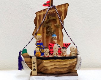Vintage Japanese The Seven Gods of Good Fortune on Treasure Ship Miniature Kokeshi Wooden Doll Original Japan