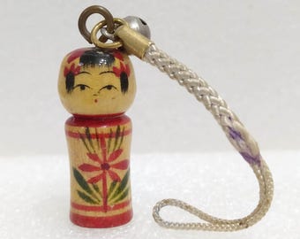 Vintage Japanese Traditional Miniature Tiny Kokeshi Wooden Doll Strap Keychain