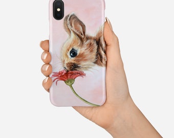 Bunny Smelling Flower Art Phone Case, rabbit device case, bunny floral phone cover, bunny samsung case