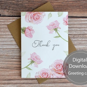 Tarjeta imprimible de agradecimiento de rosas, tarjeta digital de gratitud de rosas, tarjeta de descarga digital de rosas, tarjeta de notas de flores, tarjeta de ilustración floral