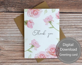 Roses thank you printable card, roses gratitude digital card, roses digital download card, flowers note card, floral illustration card