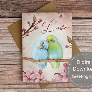 Biglietto d'auguri stampabile per uccelli innamorati, biglietto stampabile per la festa della mamma, biglietto d'auguri per download digitale, biglietto di San Valentino per uccelli, biglietto d'amore per uccelli