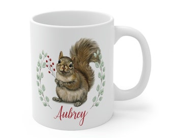 Personalized Christmas squirrel mug, custom name christmas mug, squirrel mug, squirrel coffee cup, cute animal art mug, stocking stuffer