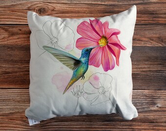 Hummingbird cushion cover, hummingbird decor, bird pillow case, bird and flower cushion, animal cushion, spring decor, spring cushion