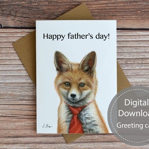 Fox father's day printable card, fox printable card, digital download greeting card, father's day blank card, fox with tie artwork card