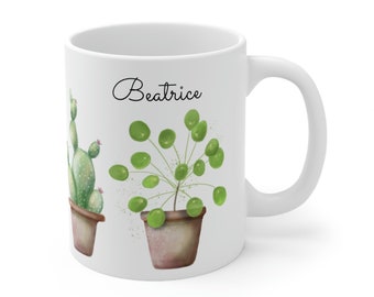 Personalized plants mug, plant lover gift, plants coffee mug, potted plants mug, houseplants mug, cactus mug, watercolor plants, pilea mug