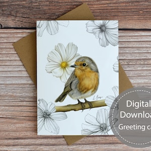 Rotkehlchen Vogel druckbare Grußkarte, jede Gelegenheit leere Notizkarte, Vogel druckbare Karte, digitaler Download Grußkarte, Blumen Notizkarte,