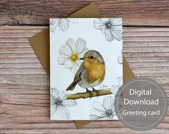 Biglietto d'auguri stampabile per uccelli Robin, biglietto per appunti vuoto per ogni occasione, biglietto stampabile per uccelli, biglietto d'auguri per download digitale, biglietto per appunti fiori,